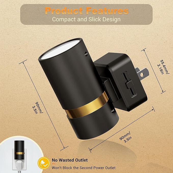 JandCase Night Lights Plug into Wall, Automatic Night Light with Dusk to Dawn, 2 Pack 0-100LM Dimmable Plug in LED Nightlight Amber for Bedroom, Hallway, Stairs