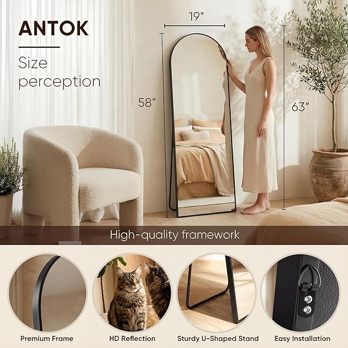 Antok Full Length Mirror, 58"x19" Floor Mirror, Arched Floor Standing Freestanding Arch Full Body Mirrors with Stand for Bedroom, Hanging Mounted for Living Room Cloakroom,Black