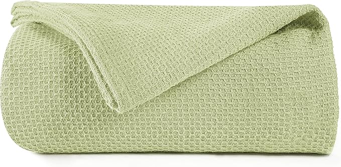 BOUTIQUO 100% Cotton Bed Blanket, Breathable Thermal Blanket King Size, Soft Honeycomb Waffle Blanket 90"x102", Cotton Bed Blanket, Perfect for Layering Any Bed for All Season, Sage Green