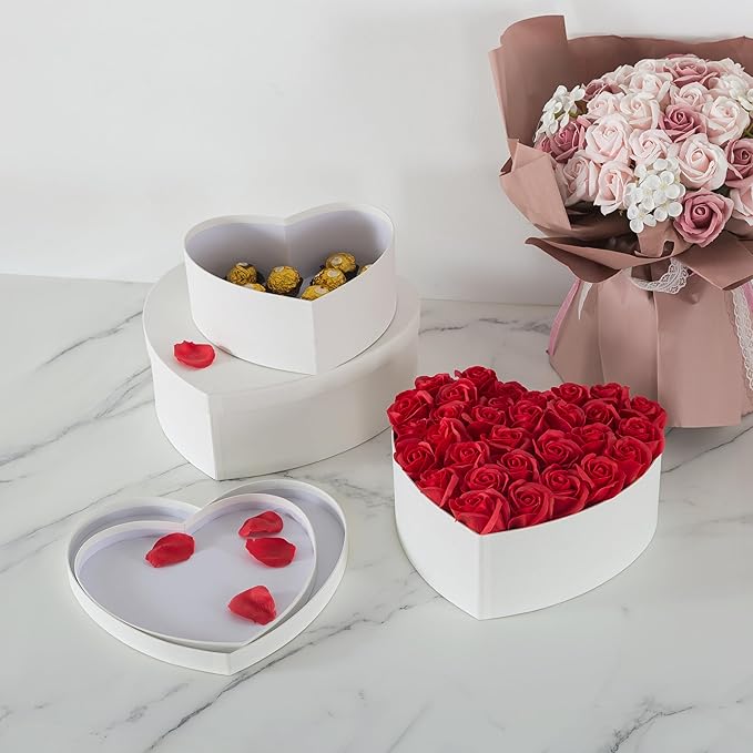 Soul & Lane Heart Shaped Gift Boxes: Set of 3 Empty Paper Mache Boxes with Lids for Flowers, Gifts, Chocolate Strawberries & Special Occasions, Cardboard White Heart Shaped Box for Arrangements