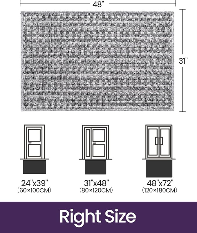 DEXI Dirt Trapper Door Mat, 31x48 Washable Doormat, Dirt Resistant and Absorbent, Easy Clean Low-Profile Floor Rugs for Entryway, Front Door, and Inside Entrance, Checkered Grey