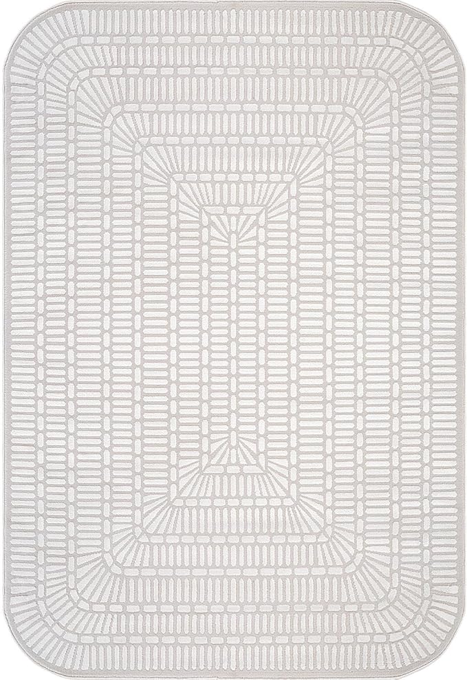 Beverly Rug Modern Geometric Area Rug 6x9 Low-High Pile Durable Soft Abstract Grid Indoor Rugs for Living Dining Room Office Stain Resistant Non Shedding Casual Indoor Carpet Beige White 6 x 9