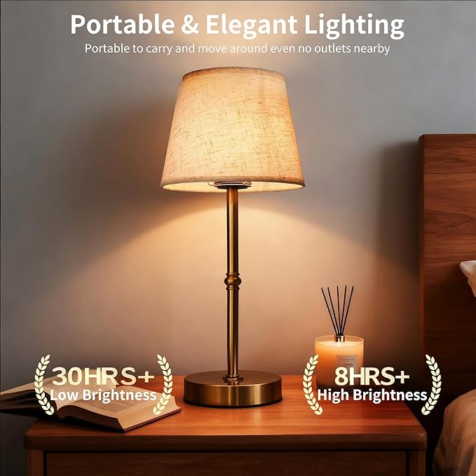 2-Pack Bedside Table Lamp，3 Level dimmable Touch Control lamp，6000mAh Battery, USB Charging Port, LED Bulb Included, Suitable for bedrooms, desks, and Dining Tables