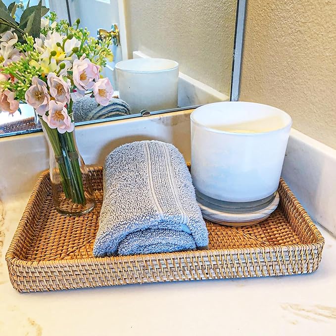 Set of 3 Handwoven Rattan Serving Tray - 3 Size Rectangular Rattan Woven Trays for Organizing & Serving, Home & Kitchen Decor