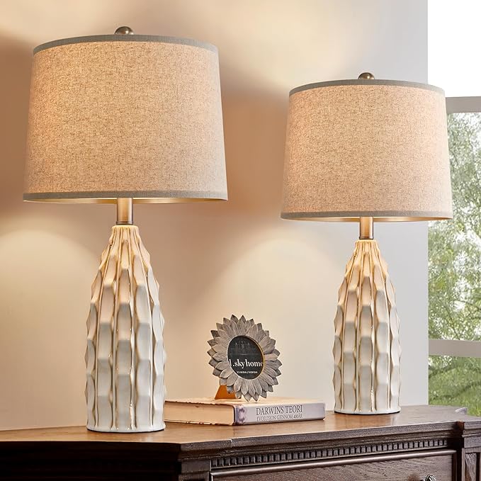 Ceramic Table Lamps Set of 2, 23.75" Modern Farmhouse Bedside Lamp - Cream Nightstand Lamps for Bedroom, Boho Living Room End Tables, Small Office Desk Lamp Decor