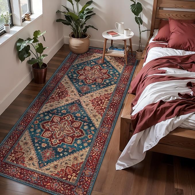 Tangsoo 2x5 Washable Runner Rug for Hallways, Non Slip Vintage Runner Rug, Soft Low Pile Long Rug Runner, Print Distressed Carpet Runners for Kitchen Bedroom Entryway Bathroom Living Room Red/Blue