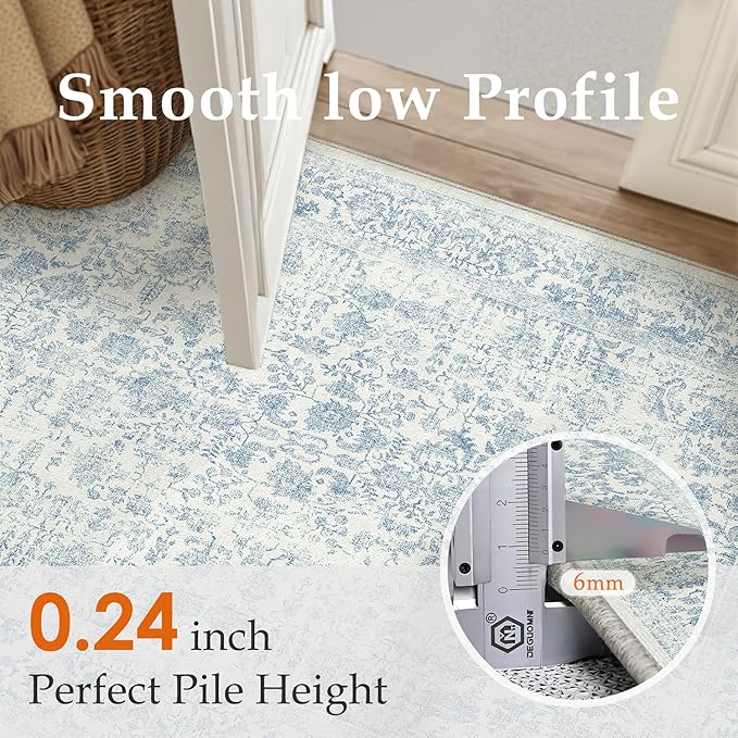 PureCozy Blue Runner Rug 3x8 Hallway Machine Washable Kitchen Vintage Distressed Non Slip Long Carpet Indoor Retro Floral Bedroom Accent Throw Rug for Bathroom Office Laundry Dining Room