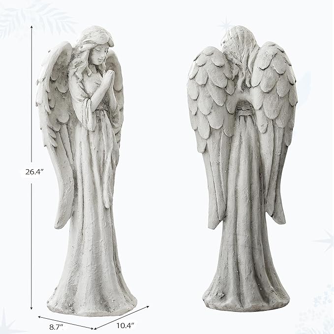 Praying Angel Statue for Outdoor Garden, 26.4 Inch Large Heavenly Memorial Sculpture,Durable MGO Stone Standing Angels for Yard, Patio or Cemetery Decor,Offering Comfort & Peace, Antique White
