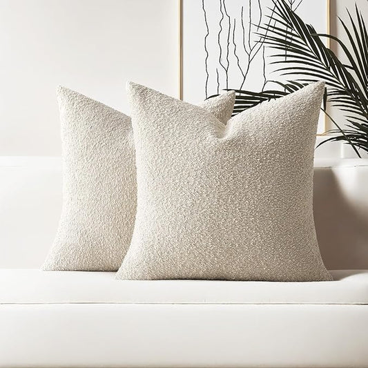 HAUSSY Set of 2 18x18 Decorative Throw Pillow Covers, Soft Cozy Textured Boucle Couch Cases, Home Decor for Couch Bed Living Room, Beige