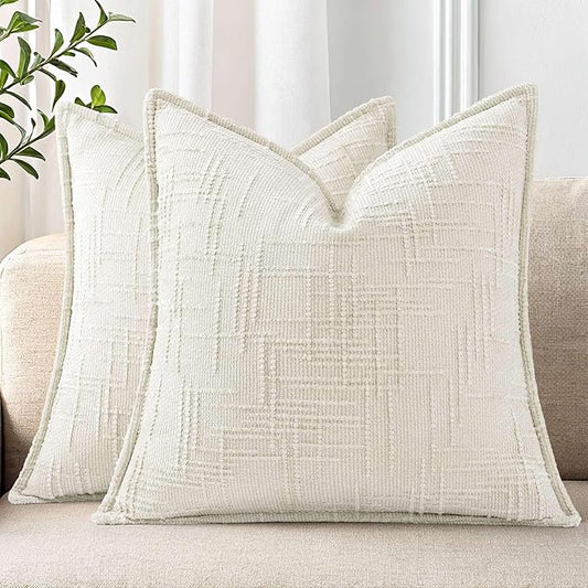 decorUhome Chenille Spring Throw Pillow Covers 16x16 Set of 2, Thick Textured Slubby Neutral Decorative Pillow Covers with Elegant Design for Couch, Sofa, Living Room, Cream White
