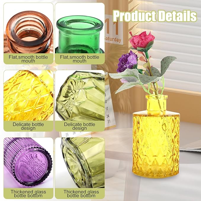 12 Pcs Color Bud Vases in Bulk,Colored Glass Bud Vases,Mini Vintage Flower Vase for Centerpieces,Vintage Small Vase for Flowers,Home Wedding PartiesTable Decoration