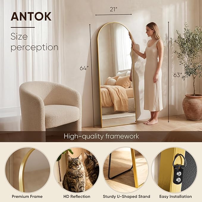 Antok Full Length Mirror, 64"x21" Floor Mirror, Arched Floor Standing Freestanding Arch Full Body Mirrors with Stand for Bedroom, Hanging Mounted for Living Room Cloakroom,Gold