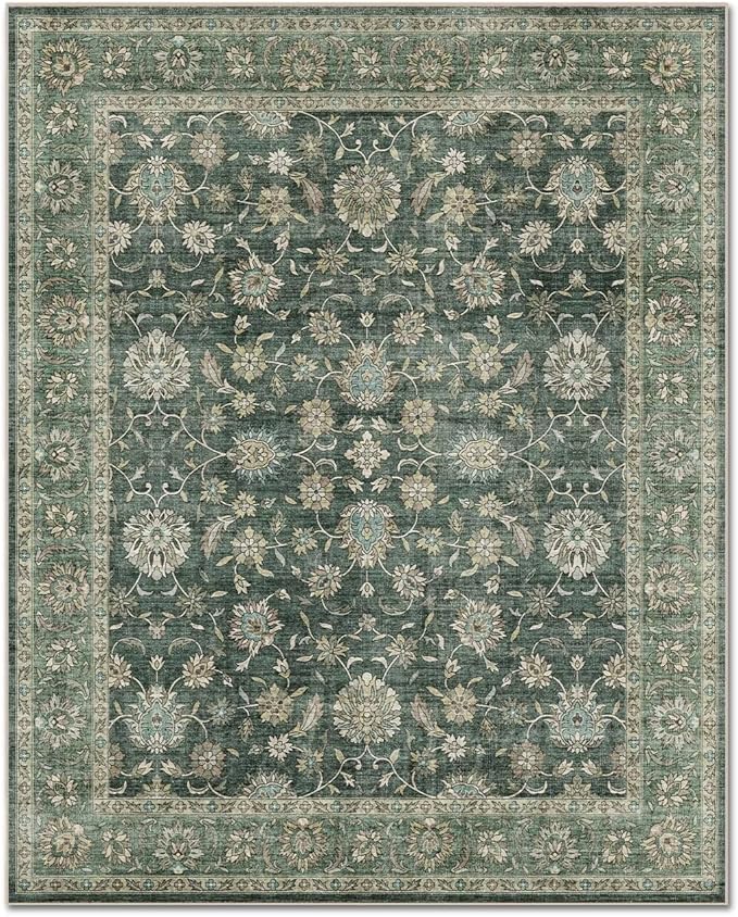 Washable 4x6 Rugs for Living Room, Boho Non-Slip Vintage Distress Small Rugs for Bedroom Nursery Office, 0.3" Neutral Oriental Throw Thin Carpet with Cushioning Pad, Sage Green/Blue/Multi