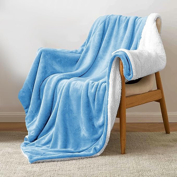 MOONLIGHT20015 Sherpa Blankets Queen Size - (Light Blue, 90X90 Inches) Fuzzy, Soft and Wool/Fleece Blanket for Bed, Fluffy Blankets for Winter, Camping and Travel