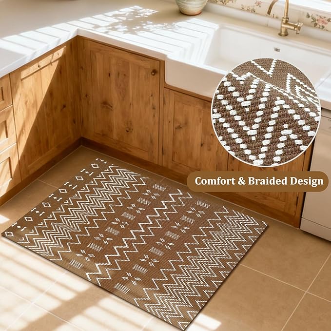 winolive Indoor Door Mat 2x3 Washable Rug,Braided Area Rug,Front Door Mat with Non Slip Rubber Backed,Cotton Doormat for Front Entryway Bathroom Kitchen Bedroom,Brown/White