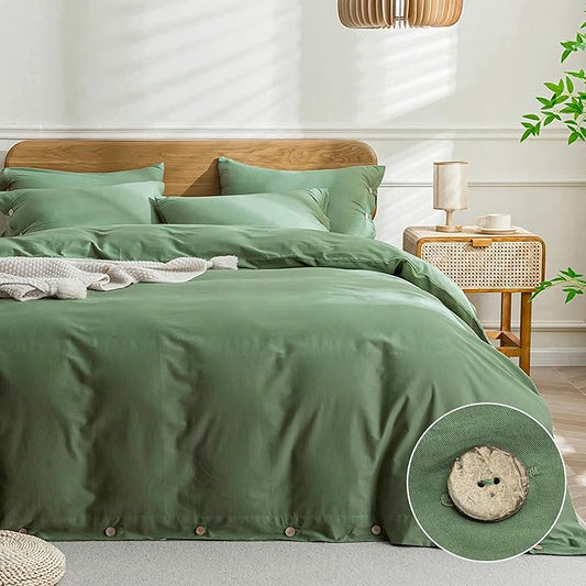 JELLYMONI Cotton Duvet Cover King Size - Green Comforter Cover with Button 100% Washed Cotton 3PCS Breathable Soft Solid Bedding Set Duvet Cover 104×90in & 2 Pillowcases (NO Comforter)