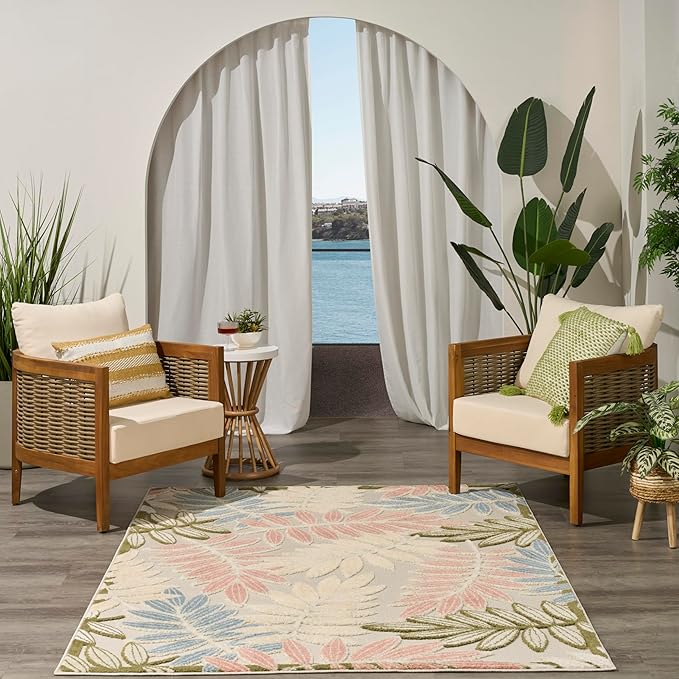 Nourison Home Aloha Ivory Rose 3'6" x 5'6" Area Rug - Easy Clean, Non Shedding, Bed Room, Living Room, Dining Room, Kitchen (4' x 6')