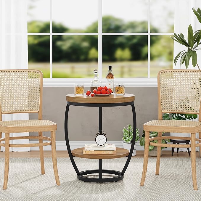 Round End Table, 2 Tier Industrial Side Table, Nightstand with Metal Frame, Accent Bedside Table with Storage Shelves for Living Room, Bedroom, Small Spaces, Light Brown & Black