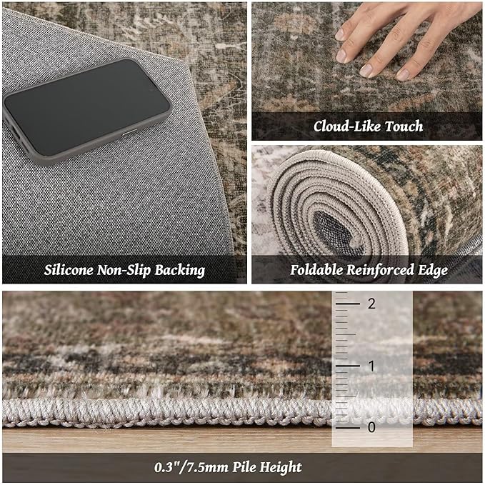 Washable 8x10 Area Rugs for Living Room, Boho Non-Slip Vintage Distress Large Rugs for Bedroom Dining Room Nursery Office, 0.3" Neutral Oriental Throw Thin Carpet, Rust/Multi