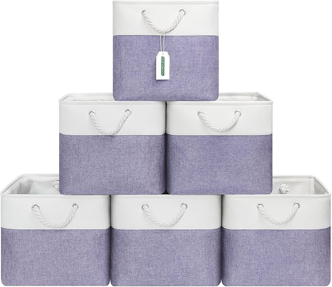 13x13 Inch Cube Storage Bins with Reinforced Bottom Cardboard, 6 Pack Large Foldable Fabric Storage Cubes with Handles for Shelf, Closet, Laundry Organization (White&Purple)