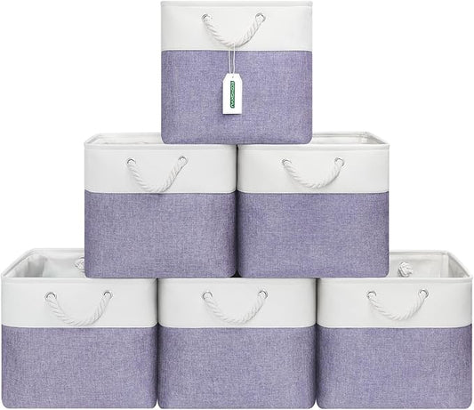 13x13 Inch Cube Storage Bins with Reinforced Bottom Cardboard, 6 Pack Large Foldable Fabric Storage Cubes with Handles for Shelf, Closet, Laundry Organization (White&Purple)