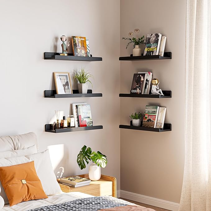 16’’Black Floating Shelves for Wall Set of 6,Rustic Wood Shelf for Room Decor/Storage/Display,Small Bookshelf,Wall Mounted Hanging Shelves for Bedroom, Bathroom, Living Room, Kitchen
