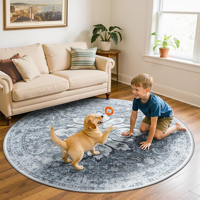 RELEANY Area Rugs 6ft Washable Non-Slip, Floral Vintage Distress Print Pattern Medallion Carpet for Living Room Bedroom Dining Room, Light Gray Grey White