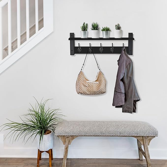 Sorbus Coat Hooks Wall Mount with Shelf – 24 Inch Coat Rack Wall Mount with 5 Heavy Duty Hooks – Floating Wall Shelf with Hooks for Entryway, Bathroom, Bedroom, Kitchen, or Mudroom (Black)
