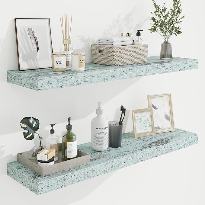 36in Floating Shelves for Wall, 36"W x 9.25"D x 1.25"H, 2 Pack Long Wall Mounted Engineered Wood Shelves with Invisible Brackets for Living Room, Bedroom, Bathroom, Kitchen Decor and Storage, Blue