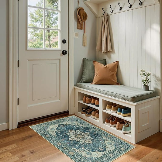 RELEANY Area Rugs 2'x4' Washable Non-Slip, Floral Vintage Distress Print Pattern Medallion Carpet for Living Room Bedroom Dining Room, Dark Blue Vintage