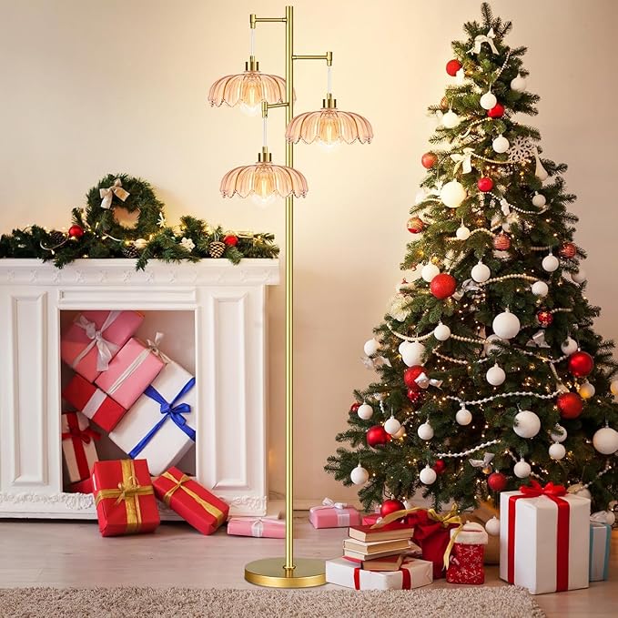 ZECOXOL Gold Floor Lamps for Living Room 3 Lights Floor Lamp with Glass Lampshape & Three Led Bulb,Mid Century Standing Lamp Vintage Brass Tall Lamp Tree Floor Lamp for Bedroom Corner
