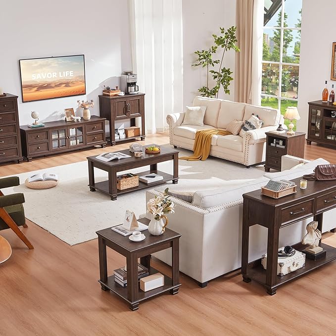 Farmhouse End Table,Large Side Table with 2-Tier Storage Shelf,Rustic Brown End Tables for Living Room,Square Tea Table,Walnut