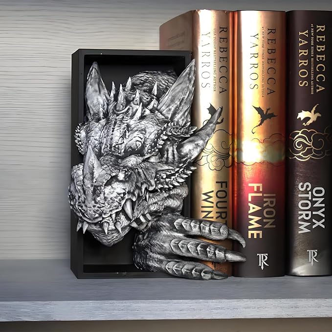 Dragon Bookshelf Decor Gothic Fantasy Bookends Black Animal Statues for Shelves Book Lovers Gifts Unique Resin Shelf Holder Set (10"*6.1"*4.9") Home Office Decorative (Antique Silver)