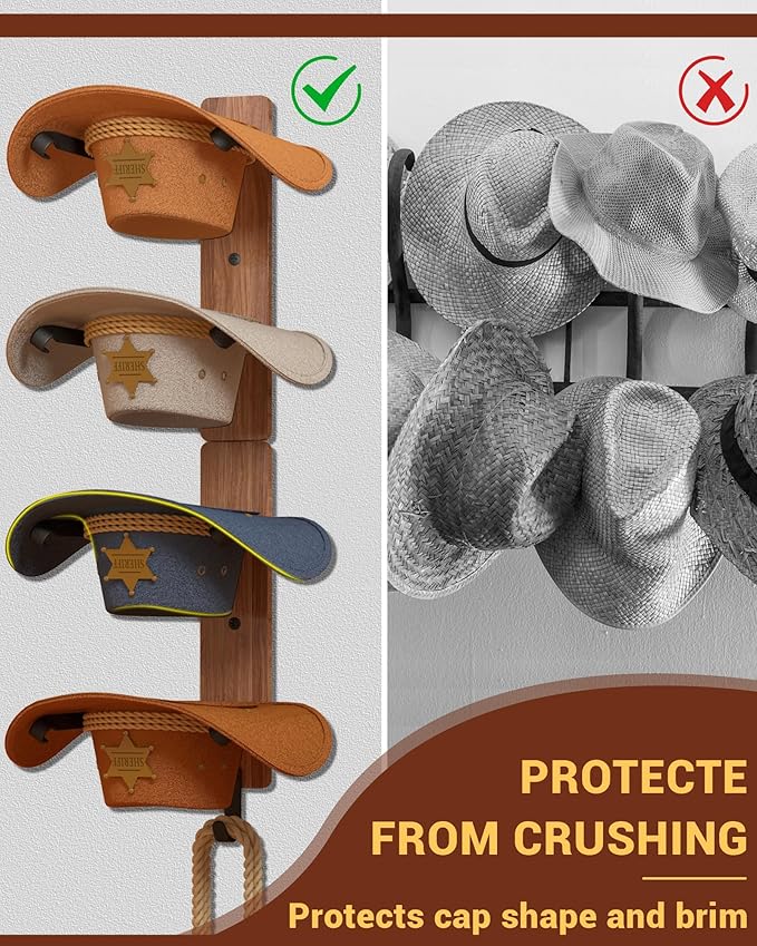 Cowboy Hat Rack for Wall, Cowboy Hat Holder for 4 with Hooks,Wooden Rustic Metal Hanger for Wall with Pine Board,Western Baseball Hat Rack Holder for Fedora, Sun Hats