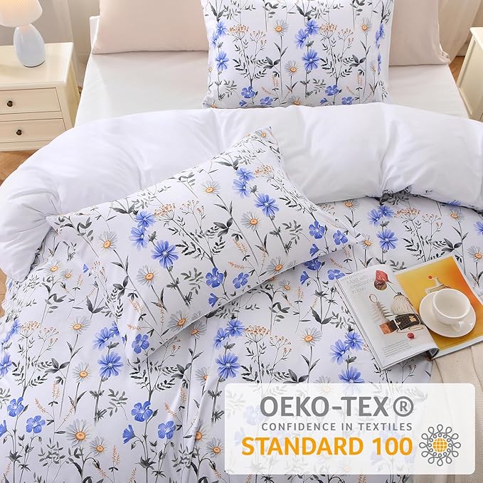 Duvet Cover King Size, Reversible Floral Vintage Duvet Cover Set with Zipper Closure, 3 Pieces Botanical Patterns Soft Microfiber Bedding Set (90"x104", 2 Pillow Cases 20"×36", Purple Blue Daisy)
