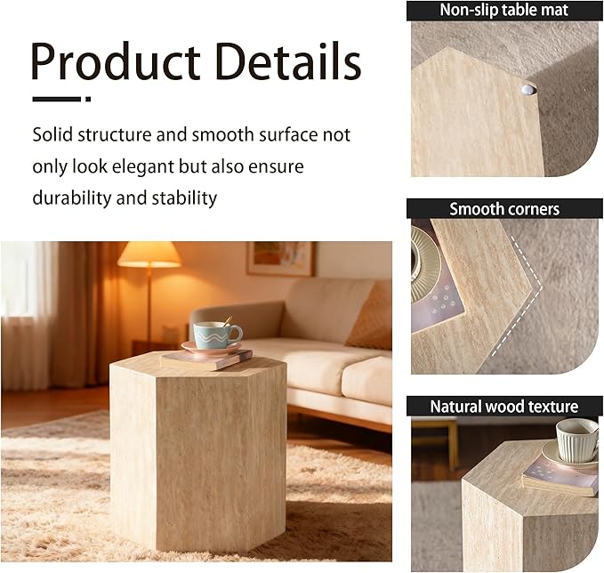 Modern Hexagonal Side Table, Walnut Wood MDF Coffee Table with Natural Texture, Non-Slip Surface, 15.7x13.8x18.9 Inches (Travertine)