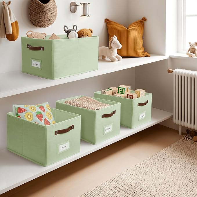 DECOMOMO Storage Baskets for Shelves - Large 15"x11"x10" Foldable Fabric Storage Bins, Baskets for Organizing with Labels (Green, 4pcs)