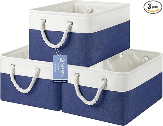 Large Storage Baskets- 15.7x11.8x8.26 inch Storage Bins for Shelves and Closet Organizing, Foldable Fabric Bin for Home Organization Clothes and Laundry (3-Pack, White&Blue)