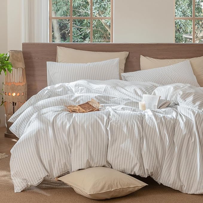 MooMee Striped Duvet Cover Set 100% Washed Cotton Linen Like Textured Breathable Durable Soft Comfy (White Cornflower Blue Wide Stripes, King 104"x90")