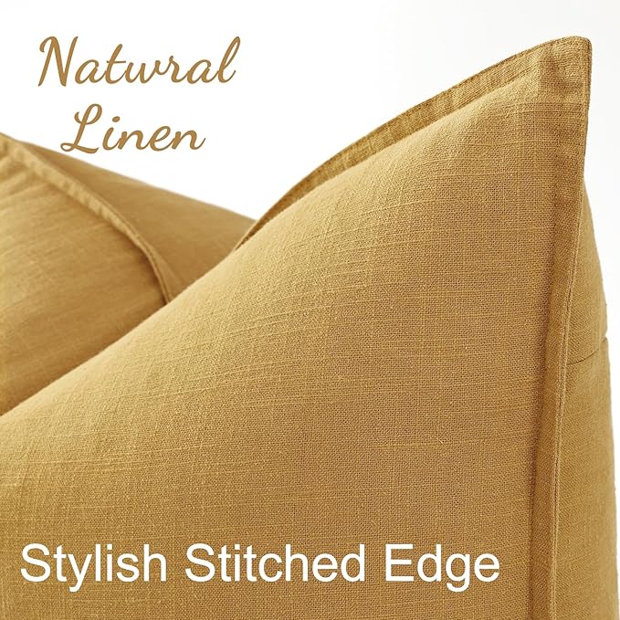 decorUhome Spring Decorative Linen Euro Sham Throw Pillow Covers 22x22 Inch Set of 2 Mustard Yellow Pillow Covers with Flange Edges Soft Farmhouse Boho Accent Pillow Cases for Couch Bed Living Room