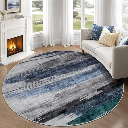Ciicool 5ft Round Washable Rug, Modern Abstract Circle Rugs, Non-Slip Thin Low-Pile Rug Navy Grey Circular Print Distressed Carpet for Bedroom Living Room Under Dining Table Home Office Decor