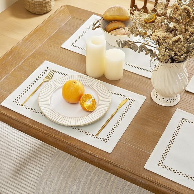 Burlap Placemats Set of 6, 12 x 18 Inch Rustic Geometric Hollow Place Mats, Heat Resistant Placemats for Farmhouse Kitchen Table Decor, Off White 6PCS