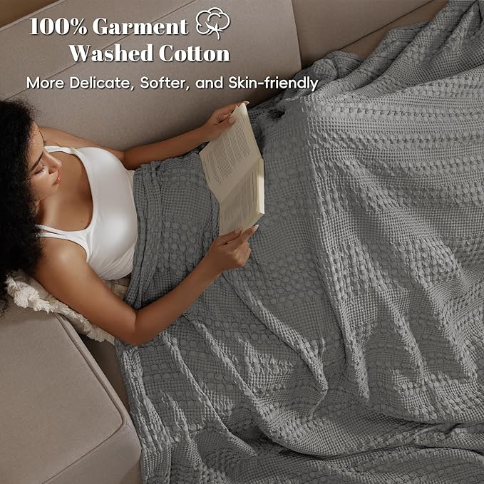 PHF 100% Cotton Waffle Weave Blanket Queen Size for Bed, Soft Lightweight & Breathable, All-Season Comfort, 300 GSM Luxury Aesthetic Blanket for Home Decor, 90"x90", Dark Grey