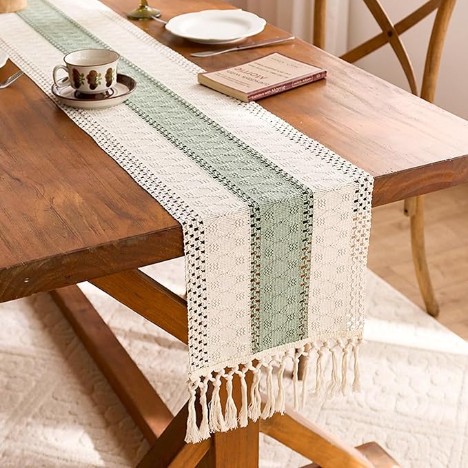 Niviy Sage Green Table Runner 72 Inches Long with Tassels, Seasonal Spring Summer Washable Embroidered Striped Braided Green and Beige Boho Table Runners for Holiday Party 12 x 72 Inches