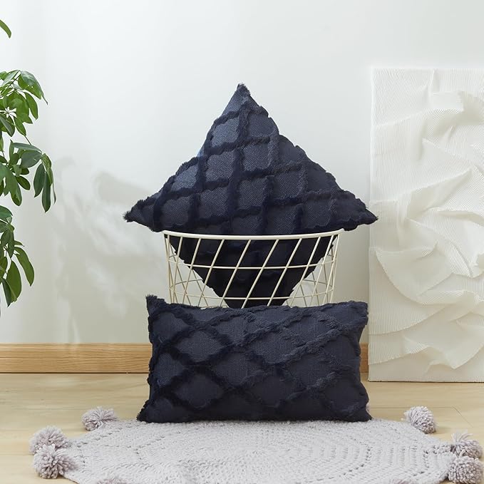 EMMTEEY Boho Pillow Covers 12X20 - Fluffy Stripe Single-Sided Embroidery with Soft Faux Fur, Boho Décor Pillow Case for Couch, Sofa Bedroom, Navy Blue