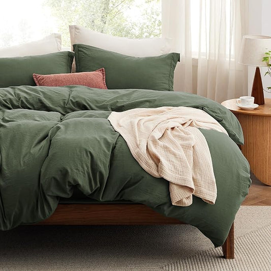 Bedsure California King Size Duvet Cover with Fitted Sheet - 4 Pieces Prewashed Cotton-Like Extra Soft Bedding Set, Includes 1 Duvet Cover 104x98 Inches, 2 Pillow Shams, 1 Fitted Sheet, Olive Green