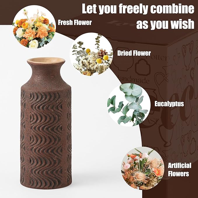 Rustic Vase - Ceramic Decorative Vases - 11 in Tall Vintage Bud vase - Flower Vases for Home Decor - Chirstmas vases - Tabletop Red Vases for Centerpieces - Vintage Style Farmhouse Vase by Lyeec