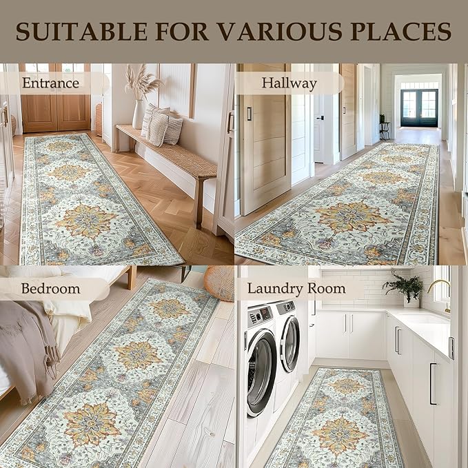 RELEANY Area Rugs 2'x6' Washable Non-Slip, Floral Vintage Distress Print Pattern Medallion Carpet for Living Room Bedroom Dining Room, Light Yellow Carbon Grey Orange