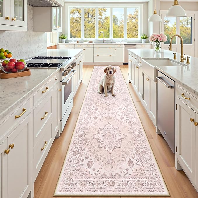 RELEANY Area Rugs 2'x10' Washable Non-Slip, Floral Vintage Distress Print Pattern Medallion Carpet for Living Room Bedroom Dining Room, Pink Greypink Cute