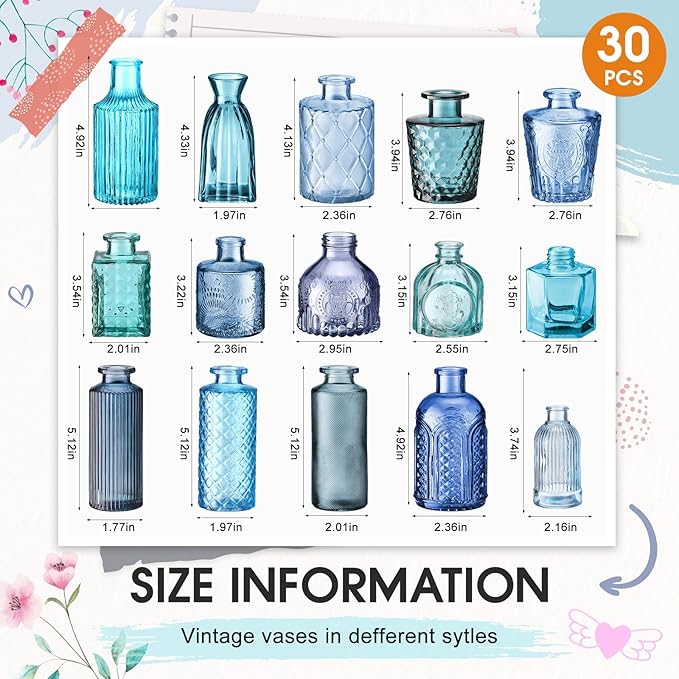 Yaomiao 30 Pcs Vases Bulk Colored Flower Glass Bud Vases Valentine Vintage Colored Glass Bottles Colorful Rustic Embossed for Home Wedding Table Decorations Gifts(Blue Series)